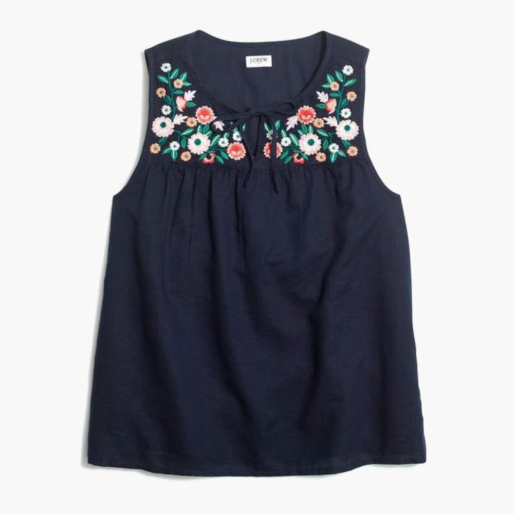 J. Crew Embroidered Navy Blue Tie Neck Tank Top - Sz S